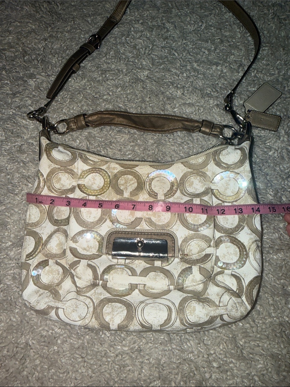 Coach Signature Metallic Cream & Tan Hobo Bag with 2 Hang Tags - Picture 14 of 15